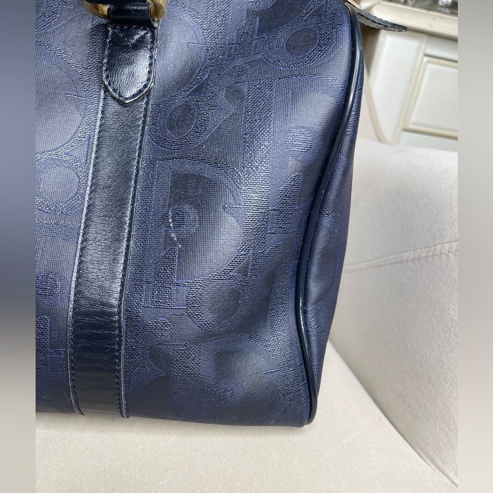 Vintage Christian Dior Coated Canvas Boston Bag Diorissimo PVC Leather Navy Gold - Picture 6 of 11